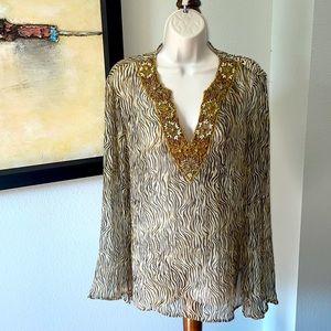 100% SILK CACHE SHEER TIGRESS BLOUSE WITH WOODEN AND PEARL BEADS..SZ S